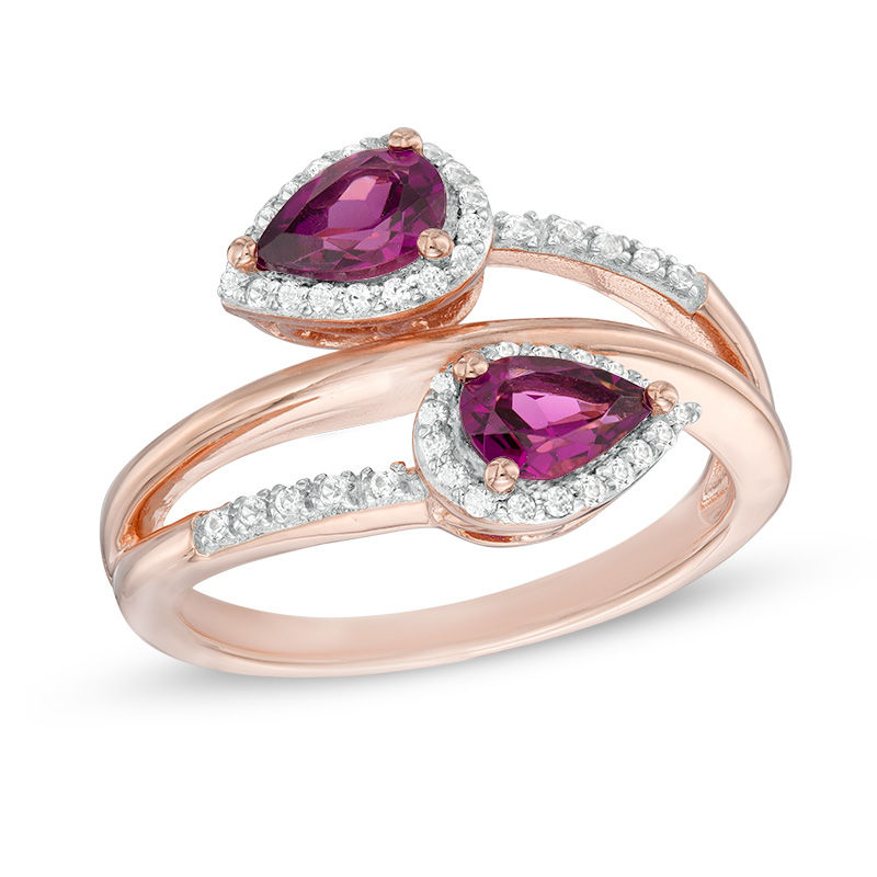 Pear-Shaped Rhodolite Garnet and Lab-Created White Sapphire Frame Bypass Ring in 10K Rose Gold