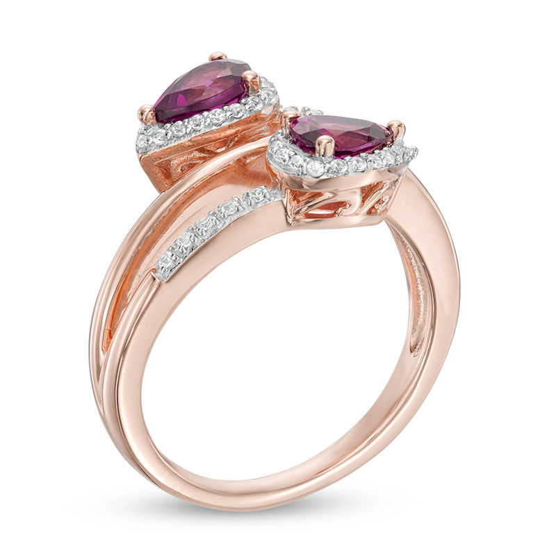 Main Image 2 of Pear-Shaped Rhodolite Garnet and Lab-Created White Sapphire Frame Bypass Ring in 10K Rose Gold