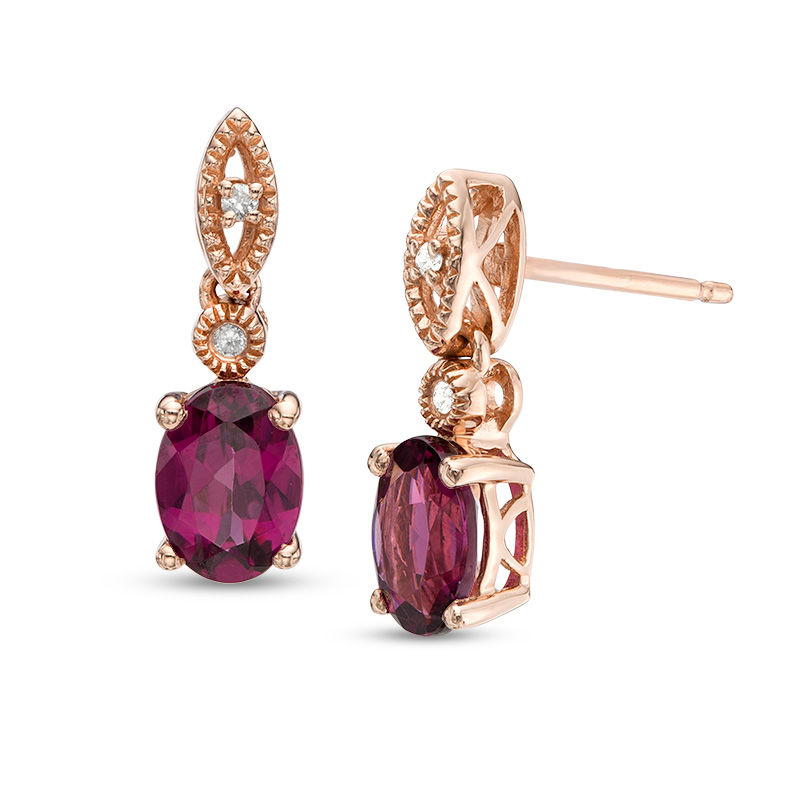 Main Image 1 of Oval Rhodolite Garnet and Diamond Accent Vintage-Style Drop Earrings in 10K Rose Gold
