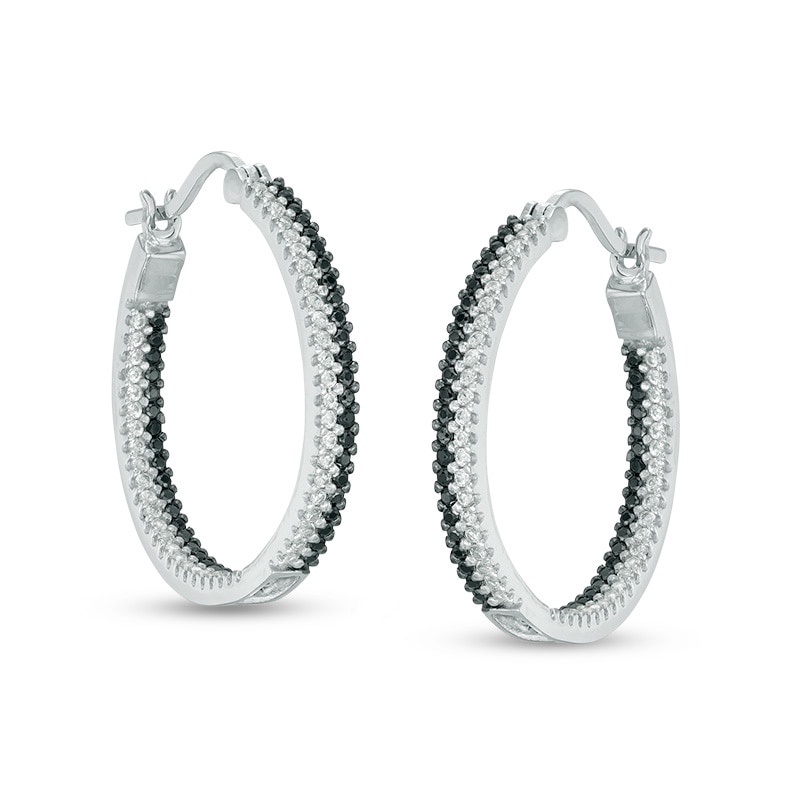Lab-Created Black Spinel and White Sapphire Double Row Inside-Out Hoop Earrings in Sterling Silver