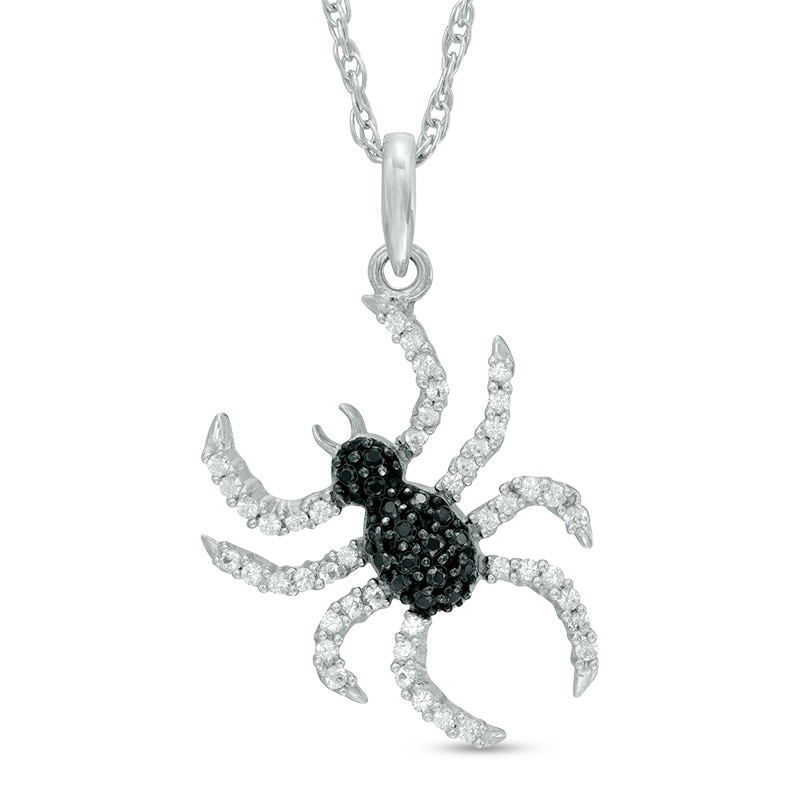 Lab-Created Black Spinel and White Sapphire Spider Pendant in Sterling Silver