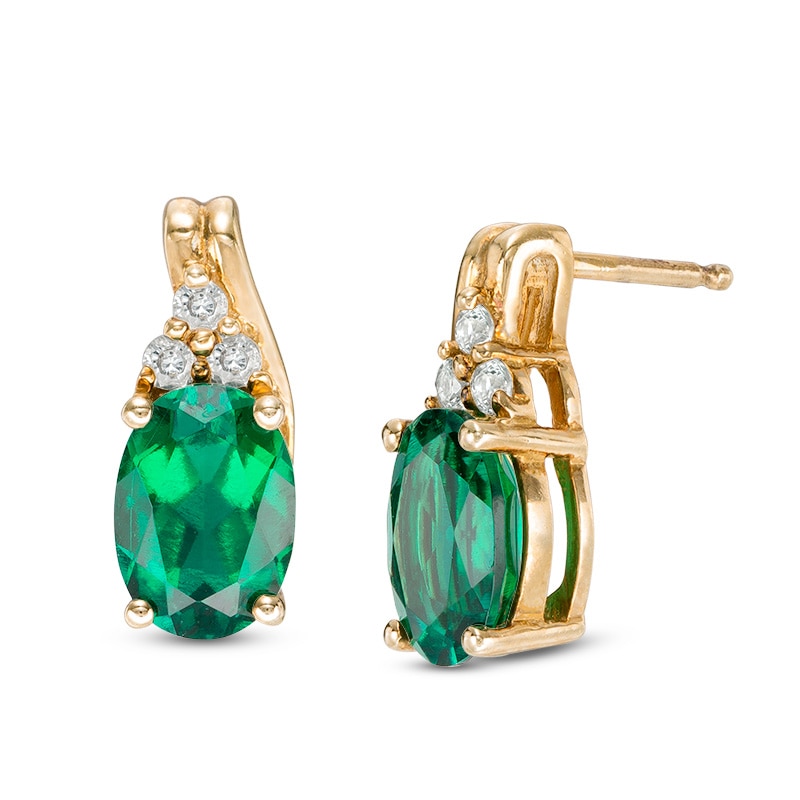 Oval Lab-Created Emerald and White Sapphire Drop Earrings in Sterling Silver with 14K Gold Plate|Peoples Jewellers