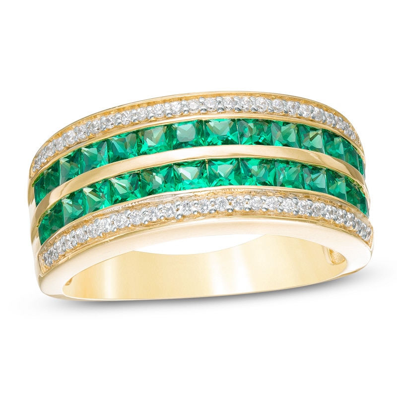 Princess-Cut Lab-Created Emerald and 0.18 CT. T.W. Diamond Double Row Band in 10K Gold