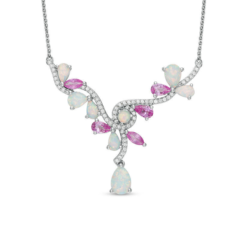 Lab-Created Opal, Pink and White Sapphire Necklace in Sterling Silver - 15.5"