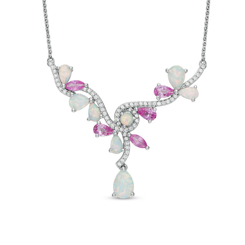 Lab Created Opal Pink and White Sapphire Necklace in Sterling Silver 15.5