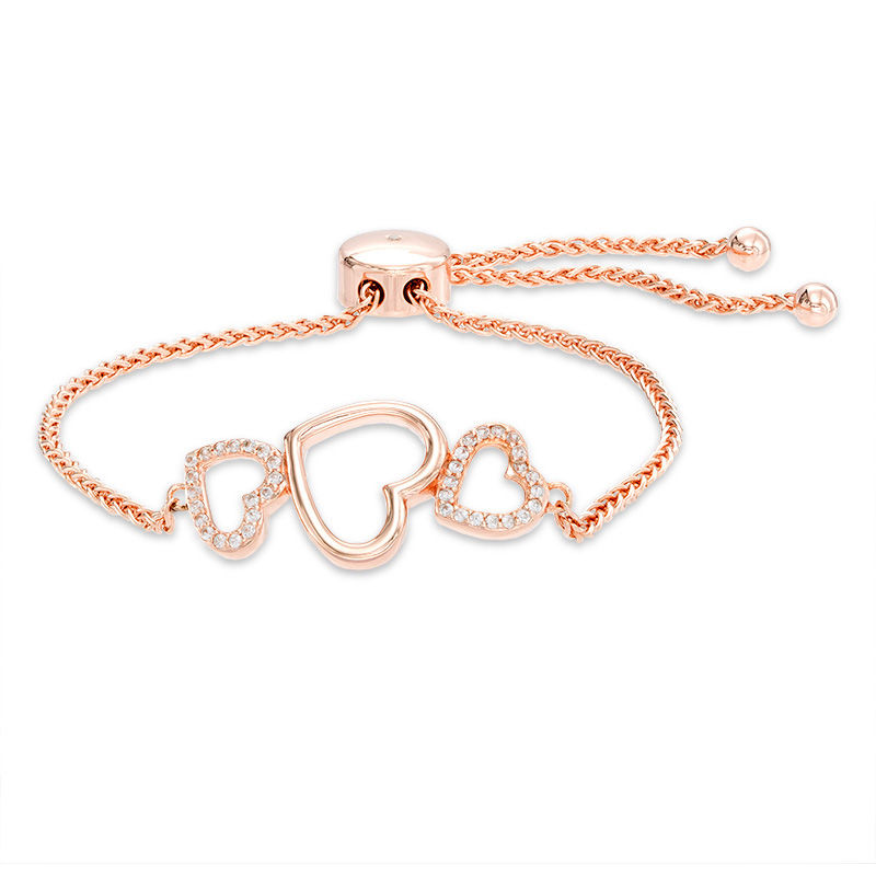 Lab-Created White Sapphire Triple Heart Bolo Bracelet in Sterling Silver with 18K Rose Gold Plate - 9.0"|Peoples Jewellers