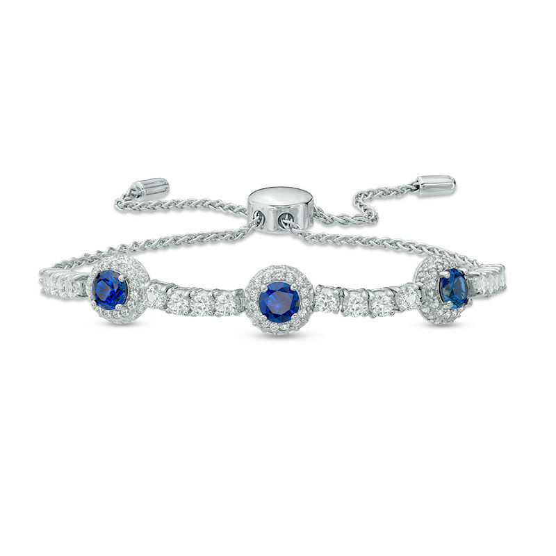 5.0mm Lab-Created Blue and White Sapphire Frame Three Stone Bolo Bracelet in Sterling Silver - 9.0"