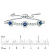 Thumbnail Image 1 of 5.0mm Lab-Created Blue and White Sapphire Frame Three Stone Bolo Bracelet in Sterling Silver - 9.0"