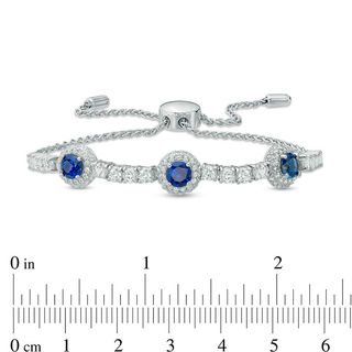 5.0mm Lab-Created Blue and White Sapphire Frame Three Stone Bolo Bracelet in Sterling Silver - 9.0"