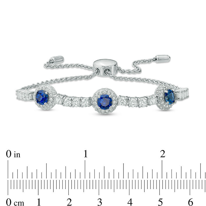 5.0mm Lab-Created Blue and White Sapphire Frame Three Stone Bolo Bracelet in Sterling Silver - 9.0"