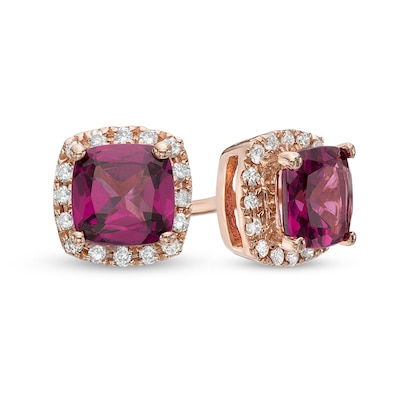 5.0mm Cushion-Cut Cur Rhodolite Garnet and Diamond Accent Frame Stud Earrings in 10K Rose Gold