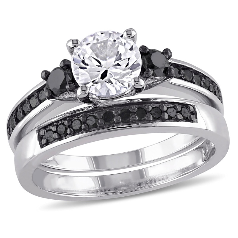 6.5mm Lab-Created White Sapphire and 0.42 CT. T.W. Black Diamond Three Stone Bridal Set in Sterling Silver|Peoples Jewellers