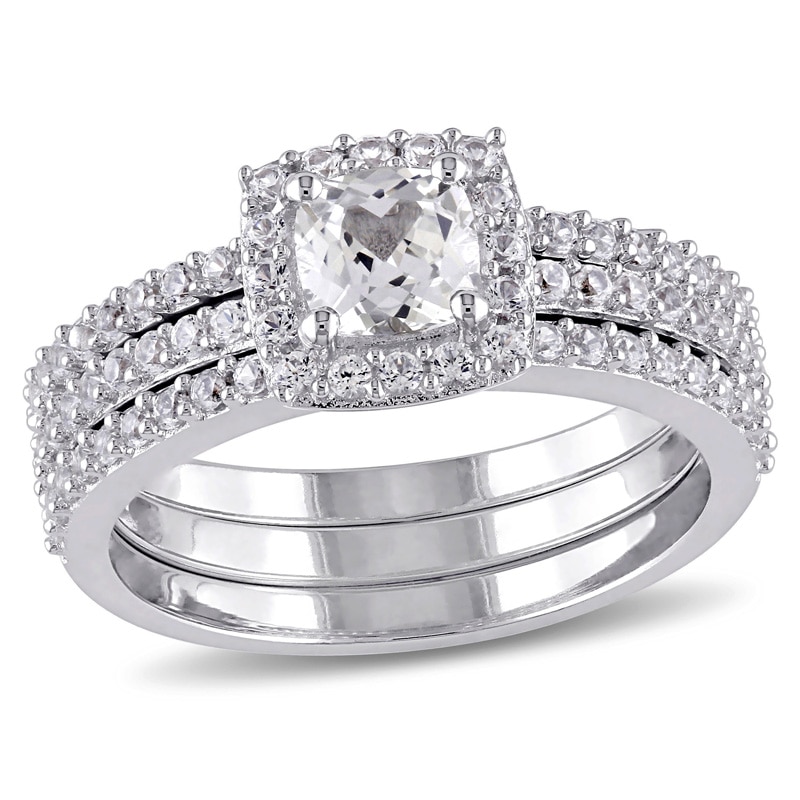 Cushion-Cut Lab-Created White Sapphire Frame Three Piece Bridal Set in Sterling Silver|Peoples Jewellers