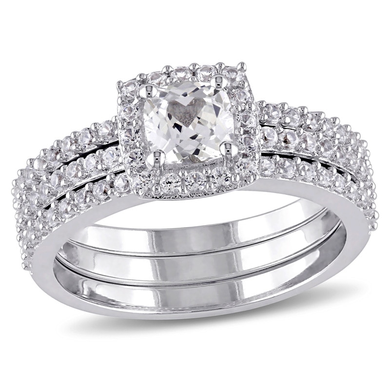 Main Image 1 of Cushion-Cut Lab-Created White Sapphire Frame Three Piece Bridal Set in Sterling Silver
