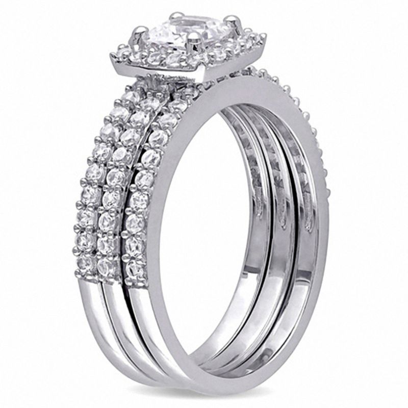 Cushion-Cut Lab-Created White Sapphire Frame Three Piece Bridal Set Sterling Silver