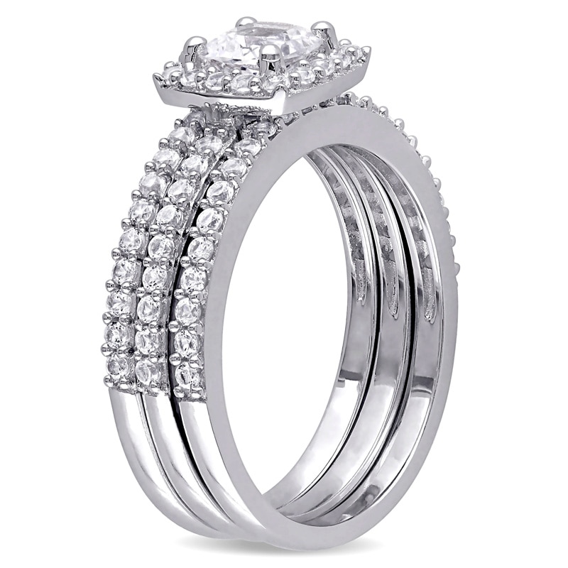 Main Image 2 of Cushion-Cut Lab-Created White Sapphire Frame Three Piece Bridal Set in Sterling Silver