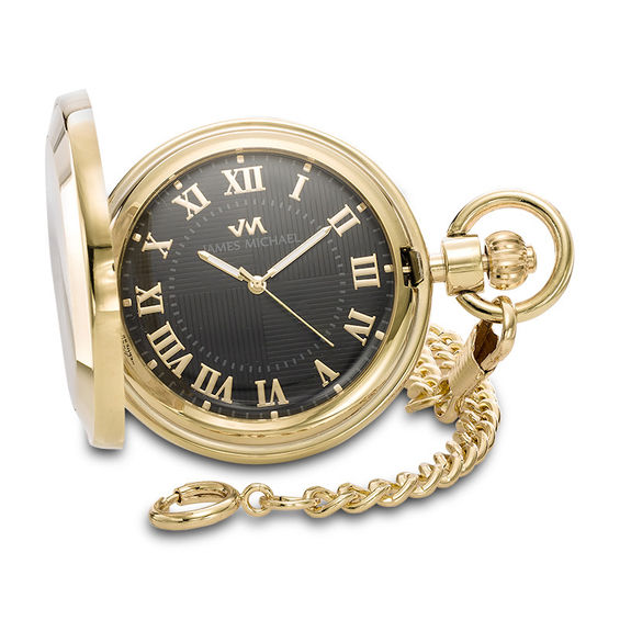 Peoples Jewellers Men s James Michael Gold Tone Pocket Watch with Black Dial Model PQA181099C Southcentre Mall