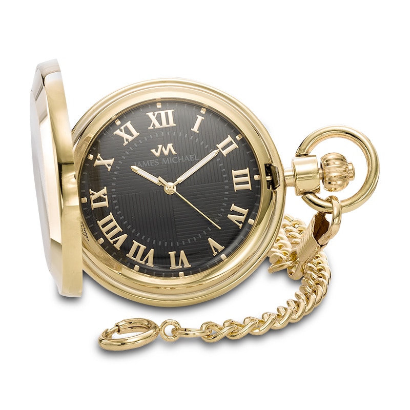 Men's James Michael Gold-Tone Pocket Watch with Black Dial (Model: PQA181099C)|Peoples Jewellers