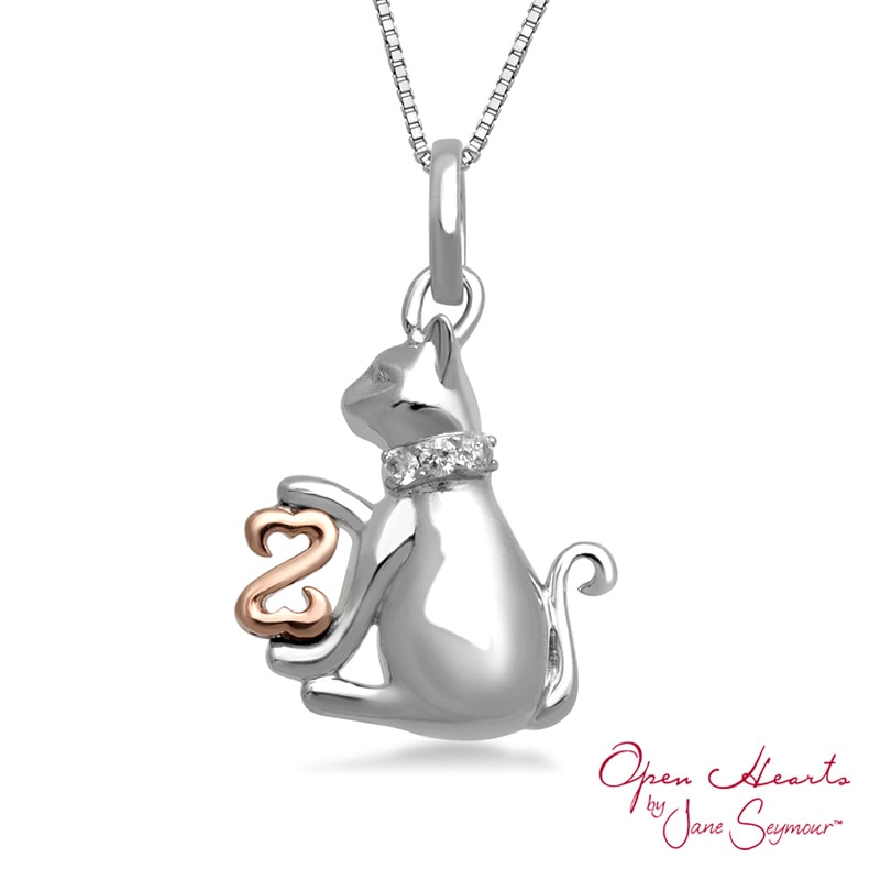 Main Image 1 of Open Hearts by Jane Seymour™ Diamond Accent Kitten Pendant in Sterling Silver and 10K Rose Gold
