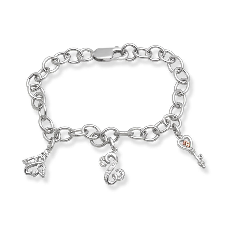 Open Hearts by Jane Seymour™ 0.10 CT. T.W. Diamond Charm Bracelet in Sterling Silver and 10K Rose Gold|Peoples Jewellers