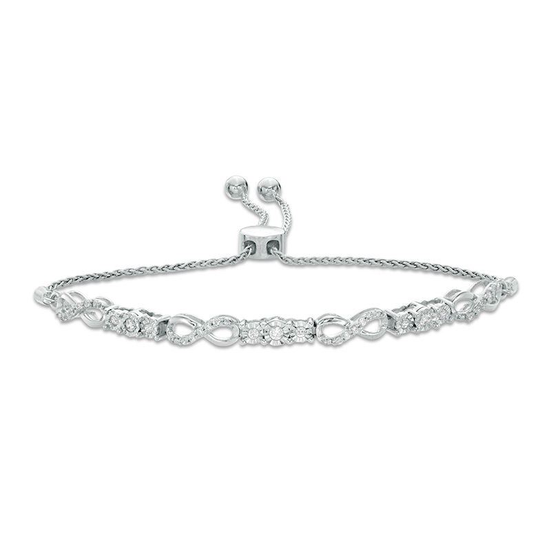 Main Image 1 of 0.37 CT. T.W. Diamond Three Stone Infinity Bolo Bracelet in 10K White Gold - 9.5"