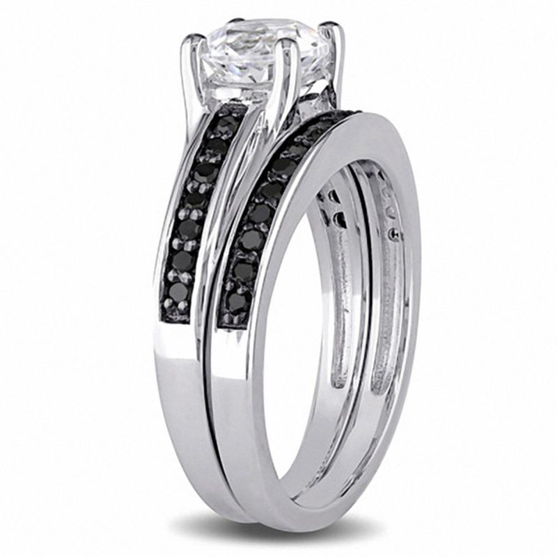 Lab-Created White Sapphire and 0.33 CT. T.W. Black Diamond Bridal Set Sterling Silver