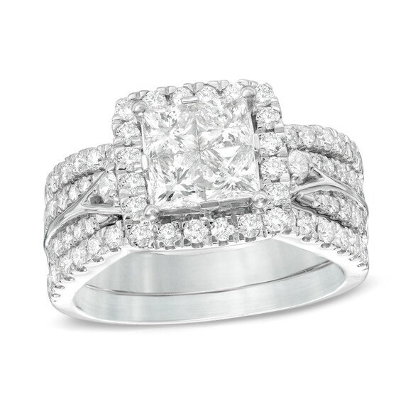 2.00 CT. T.W. Princess-Cut Quad Diamond Frame Three Piece Bridal Set in 14K White Gold