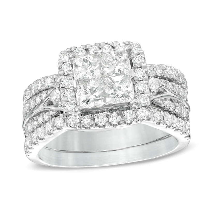 2.00 CT. T.W. Princess-Cut Quad Diamond Frame Three Piece Bridal Set in 14K White Gold