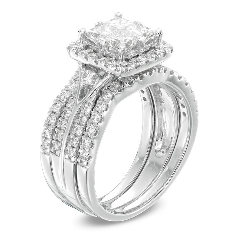 2.00 CT. T.W. Princess-Cut Quad Diamond Frame Three Piece Bridal Set 14K White Gold