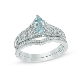 Marquise Aquamarine and 0.18 CT. T.W. Diamond Vintage-Style Bridal Set in 10K White Gold