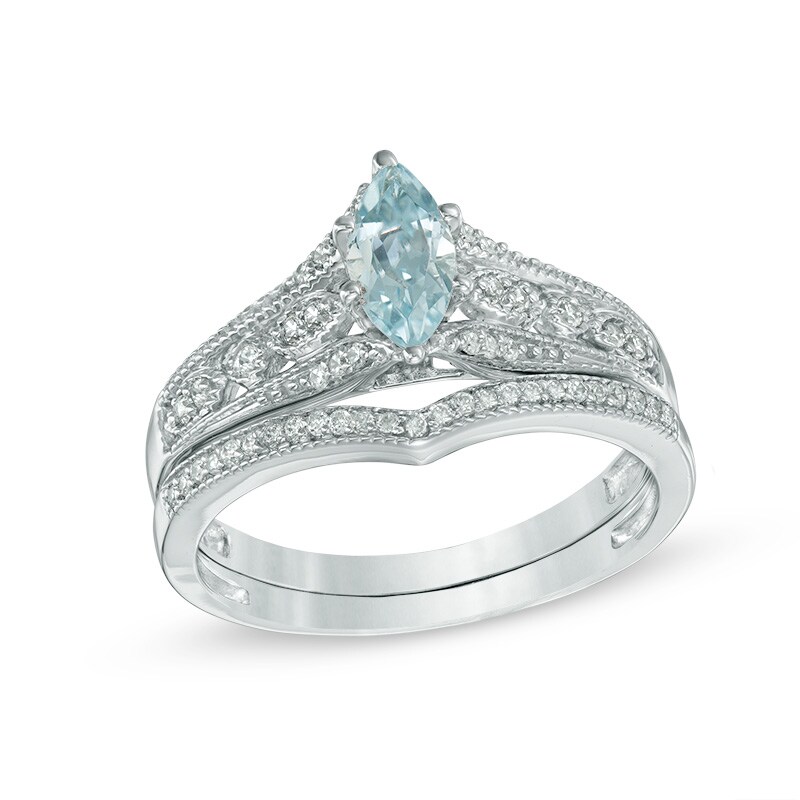 Main Image 1 of Marquise Aquamarine and 0.18 CT. T.W. Diamond Vintage-Style Bridal Set in 10K White Gold