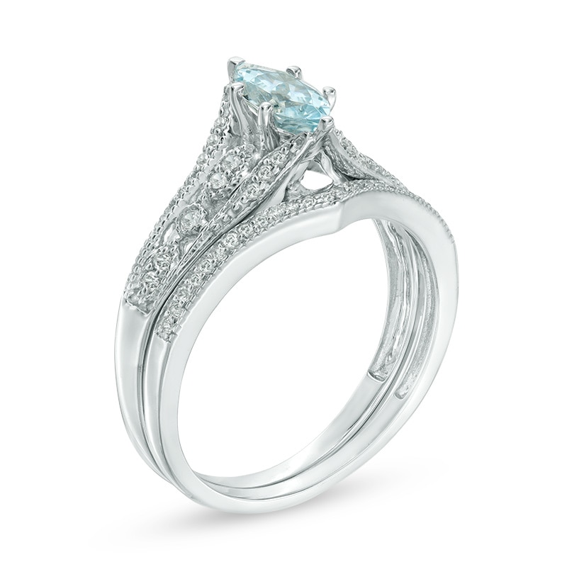 Marquise Aquamarine and 0.18 CT. T.W. Diamond Vintage-Style Bridal Set in 10K White Gold