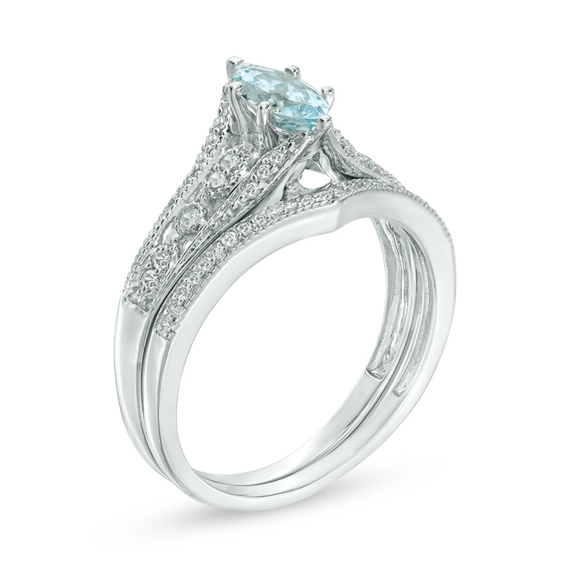 Main Image 2 of Marquise Aquamarine and 0.18 CT. T.W. Diamond Vintage-Style Bridal Set in 10K White Gold
