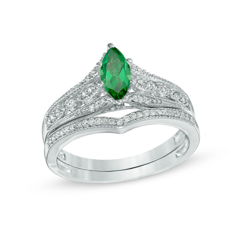 Marquise Lab-Created Emerald and 0.18 CT. T.W. Diamond Vintage-Style Bridal Set in 10K White Gold