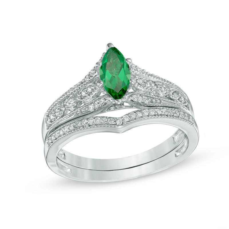 Main Image 1 of Marquise Lab-Created Emerald and 0.18 CT. T.W. Diamond Vintage-Style Bridal Set in 10K White Gold