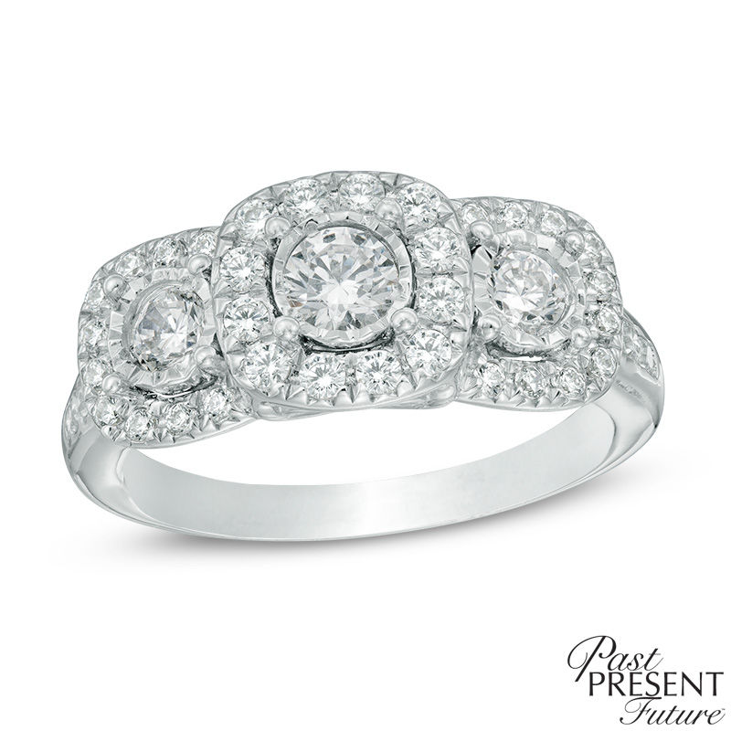 0.95 CT. T.W. Diamond Cushion Frame Past Present Future® Engagement Ring in 14K White Gold