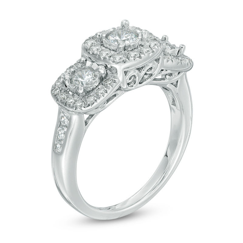 0.95 CT. T.W. Diamond Cushion Frame Past Present Future® Engagement Ring in 14K White Gold