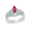Thumbnail Image 1 of Marquise Lab-Created Ruby and 0.18 CT. T.W. Diamond Vintage-Style Bridal Set in 10K White Gold