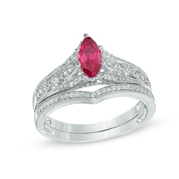 Marquise Lab-Created Ruby and 0.18 CT. T.W. Diamond Vintage-Style Bridal Set in 10K White Gold