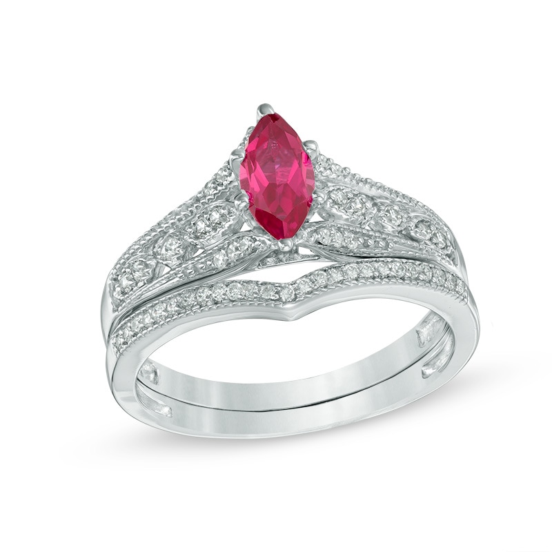 Main Image 1 of Marquise Lab-Created Ruby and 0.18 CT. T.W. Diamond Vintage-Style Bridal Set in 10K White Gold