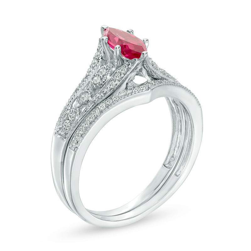 Main Image 2 of Marquise Lab-Created Ruby and 0.18 CT. T.W. Diamond Vintage-Style Bridal Set in 10K White Gold