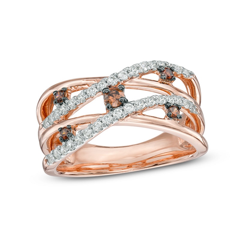 0.45 CT. T.W. Champagne and White Diamond Layered Orbit Ring in 10K Rose Gold