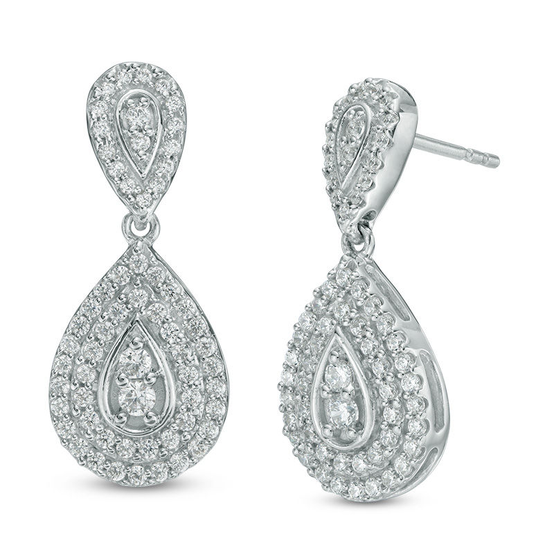 0.95 CT. T.W. Composite Diamond Frame Pear-Shaped Drop Earrings in 10K White Gold|Peoples Jewellers