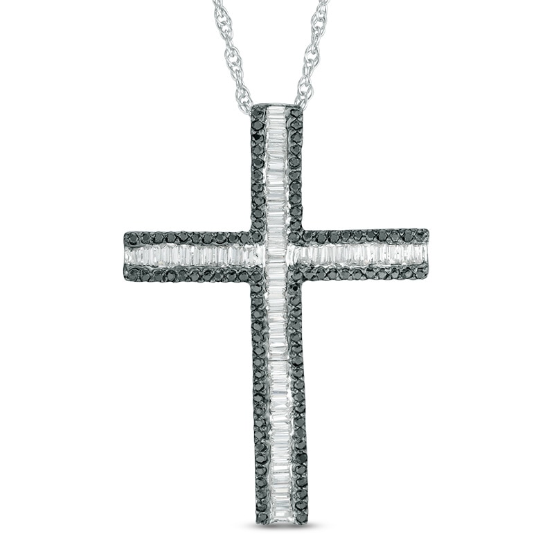 Main Image 1 of 0.83 CT. T.W. Enhanced Black and White Diamond Cross Pendant in 10K White Gold