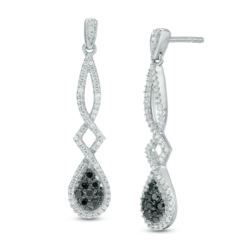 0.45 CT. T.W. Composite Enhanced Black and White Diamond Pear-Shaped Twist Drop Earrings in 10K White Gold