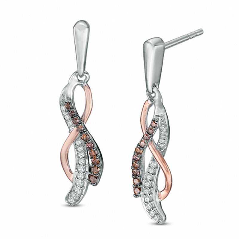 0.23 CT. T.W. Enhanced Champagne and White Diamond Layered Crossover Drop Earrings in 10K Two-Tone Gold|Peoples Jewellers