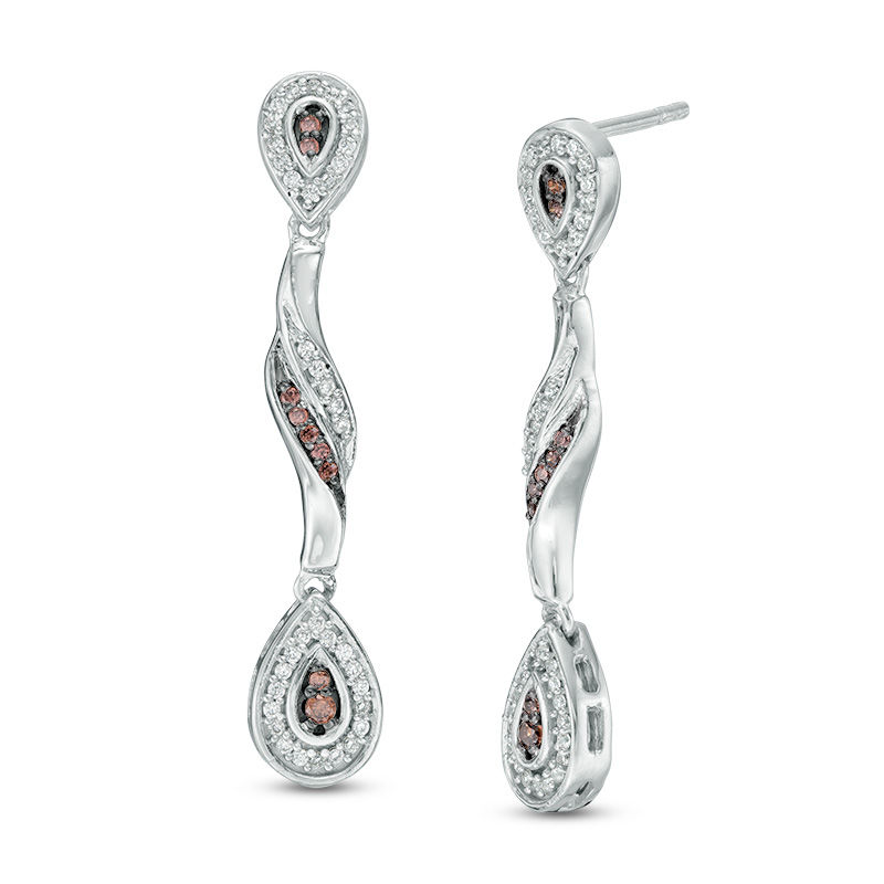 0.30 CT. T.W. Enhanced Champagne and White Diamond Pear-Shaped Wave Drop Earrings in 10K White Gold|Peoples Jewellers