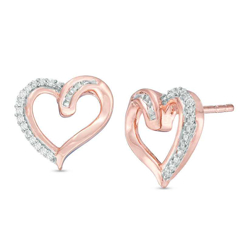 0.11 CT. T.W. Diamond Tilted Heart Stud Earrings in 10K Rose Gold