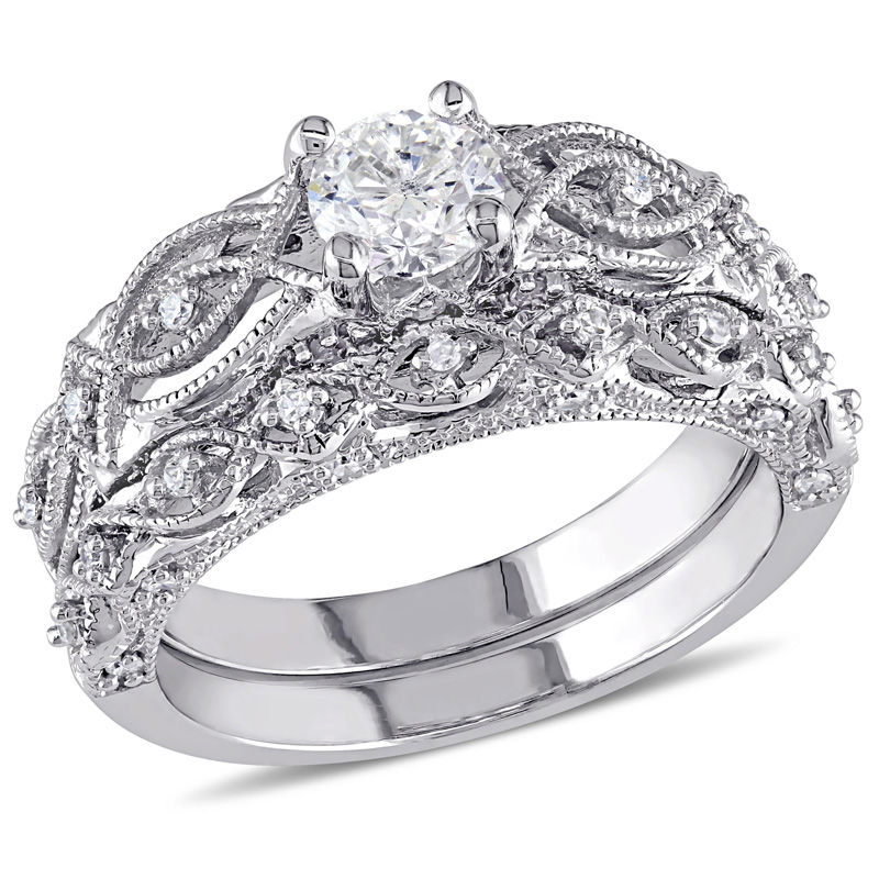 0.74 CT. T.W. Diamond Vintage-Style Bridal Set in 10K White Gold