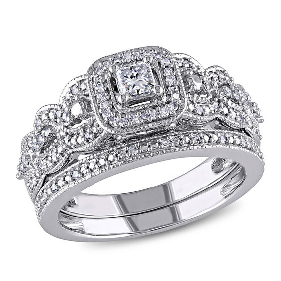 0.47 CT. T.W. Princess-Cut Diamond Frame Vintage-Style Bridal Set in 14K White Gold